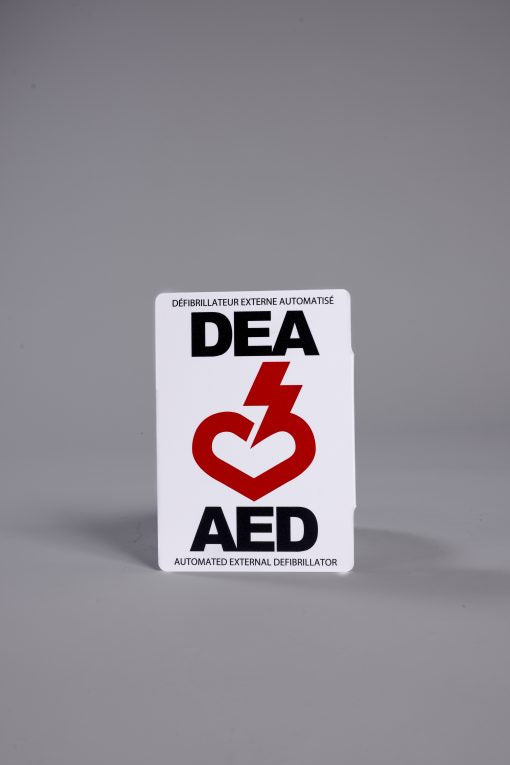 Enseigne murale bilingue, recto/verso DEA/AED 10″x8.5″